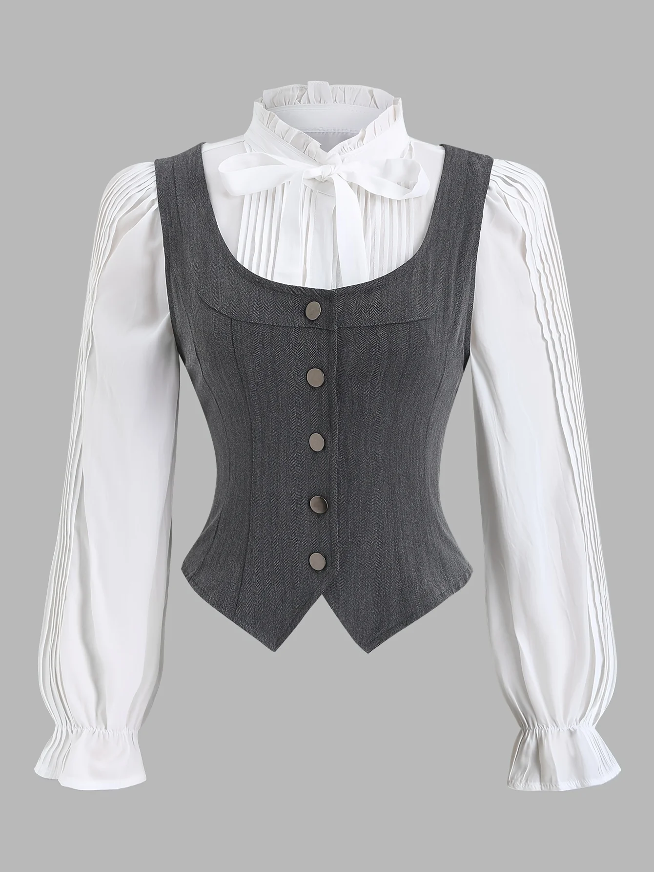 La nuova collezione Primavera/Estate 2025 presenta un gilet versatile in tinta unita con collo quadrato e un gilet artistico retrò