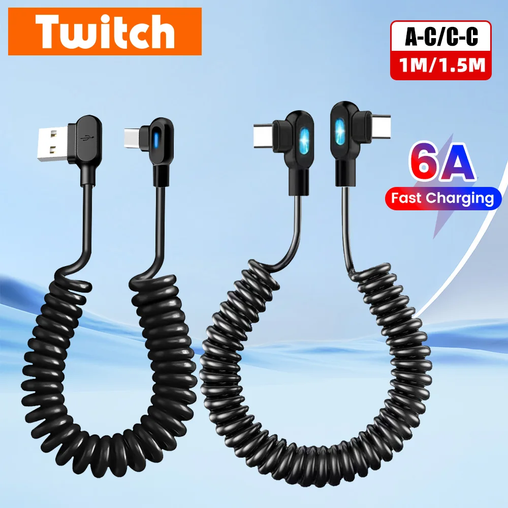 6A Short Spring Data Cable Elbow USB C To Type C Fast Charging Cable For Huawei Xiaomi Phone Charger Wire Cord USB Type C Cable