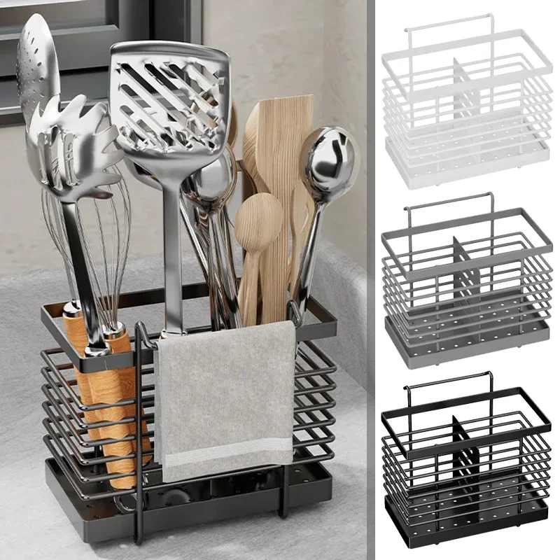 

1PC Wall Mounted Utensil Holder Drying Rack For Forks Spoons Chopsticks Organizer Kitchen Storage Metal Racks 16x15x10cm