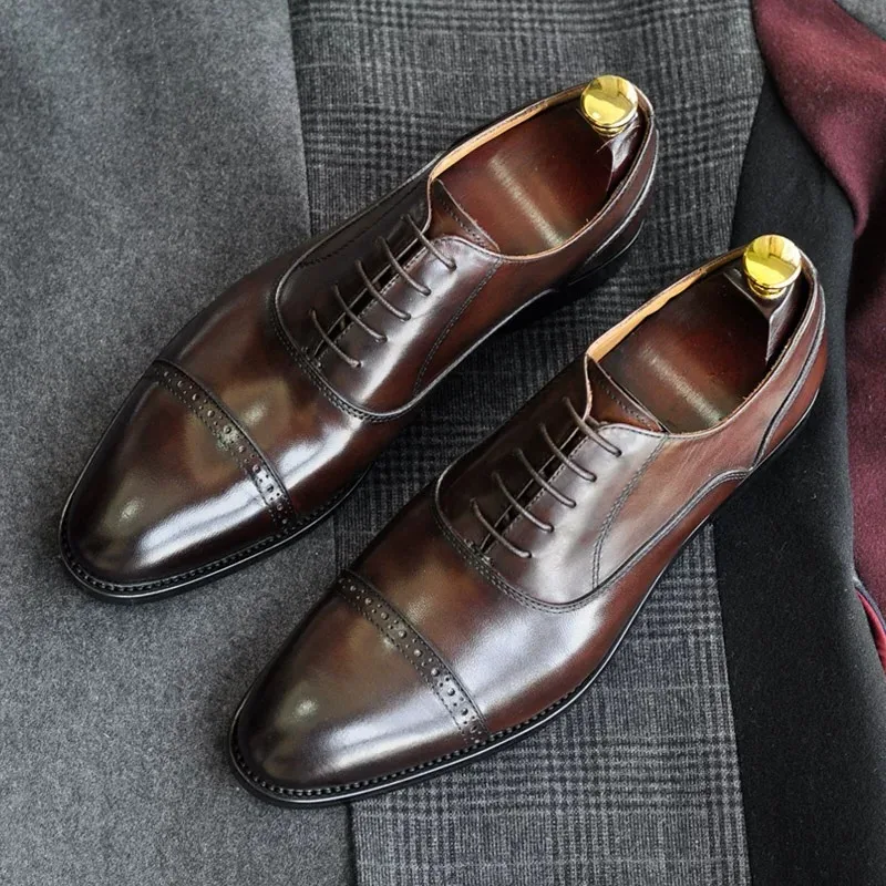 

Italian Genuine Leather Men's Business Dress Leather Shoes Lace Up British Wedding Shoes Male Oxfords Handmade Outdoor Casual