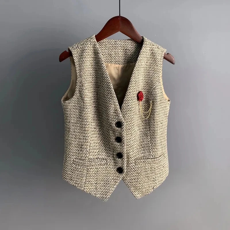 

Women's Vest Khaki Thicken Wedding Herringbone Tweed V Neck Elegant OL Waistcoat Retro Tooling Waistcoat for Wedding Vest 2022