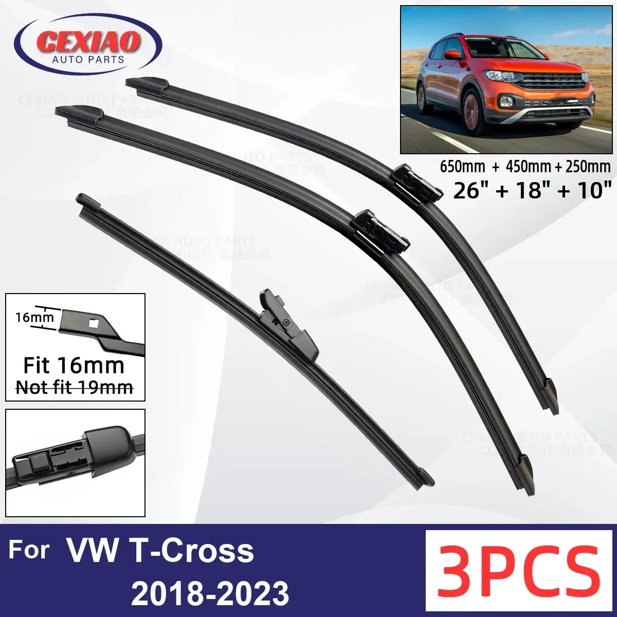 

For VW T-Cross T Cross 2018-2023 Car Front Rear Wiper Blades Soft Rubber Windscreen Wipers Auto Windshield 26" 18" 10"