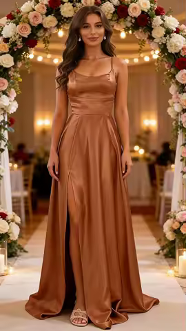 Spaghetti Straps Satin Bridesmaid Dress for Women Scoop Neck A-Line Long Formal Evening Gowns