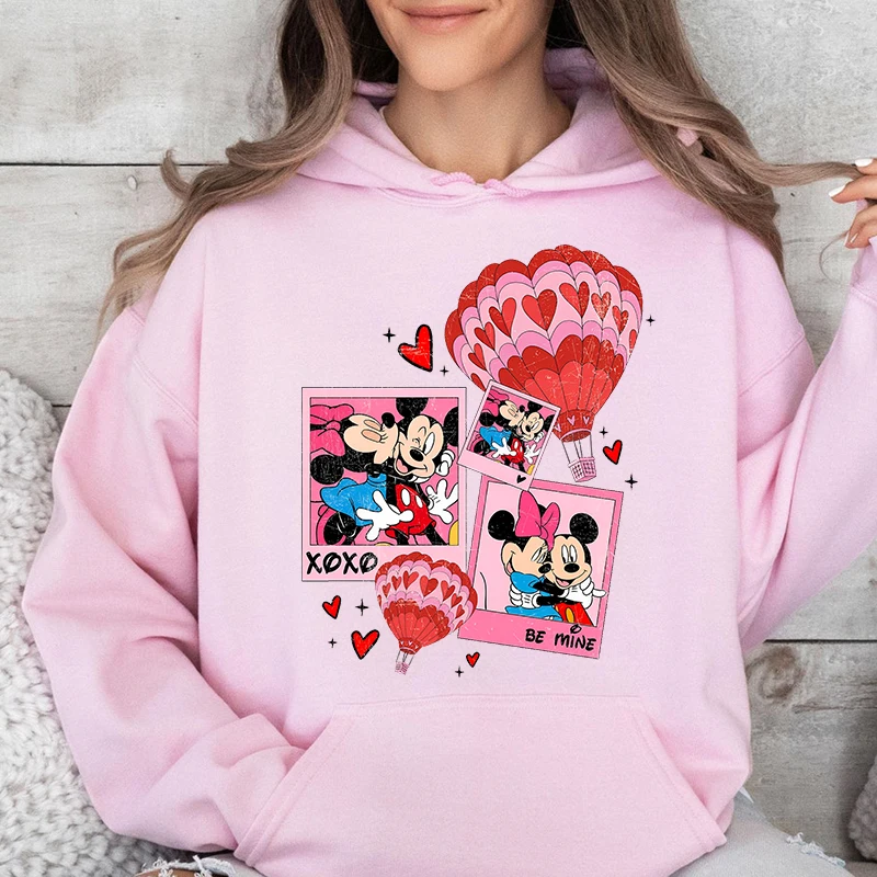 Disney Mickey Minnie Love Valentines Hoodies Women's Sweatshirts Casual Tops Loose Women's Valentine's Day Gift