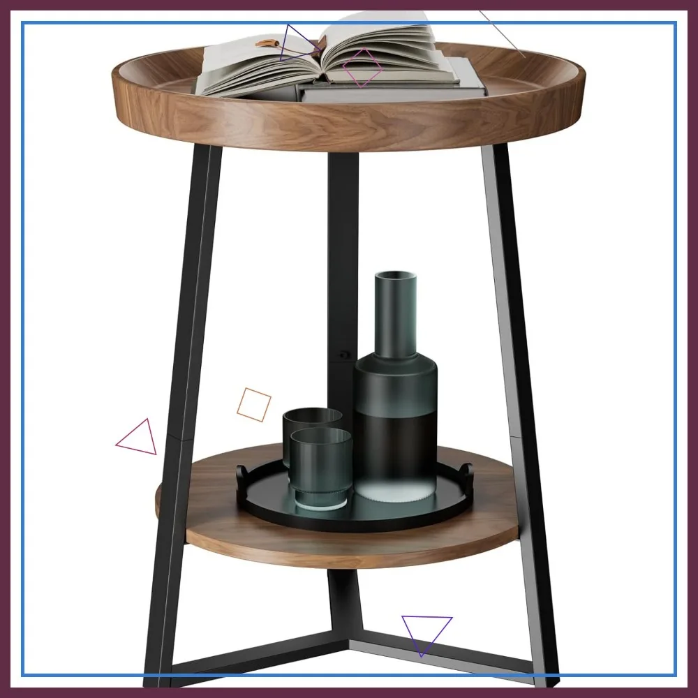 

2-Tier Round End Table with Storage Shelf, Farmhouse Side Table for Living Room Bedroom, Wood Top & Metal Frame