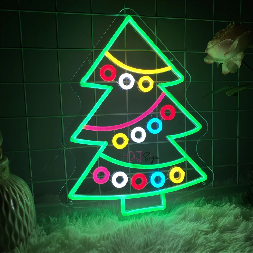 Merry Christmas Neon LED Sign Christmas Tree Gifts Signs Holiday Nignt Lights USB for Children's Room Bedroom Party Wall Decor