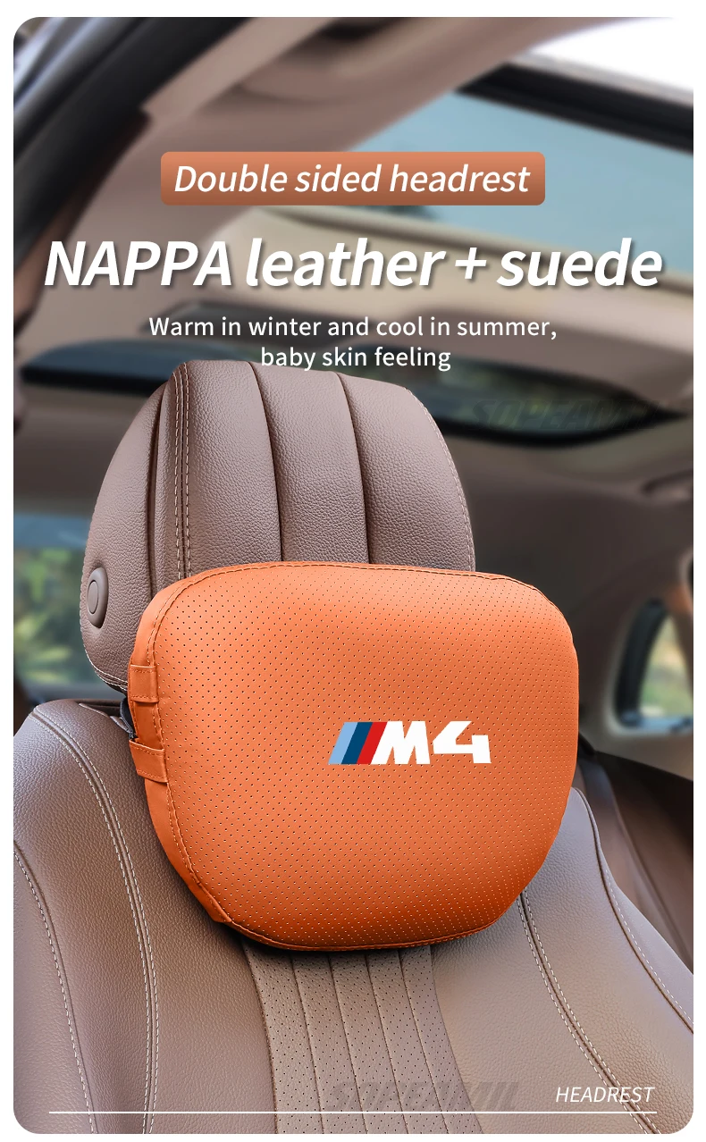 

For BMW M Power Performance M4 Logo F82 F83 G82 G83 Car Suede Leather Headrest Seat Lumbar Back Pillow Auto interior Accessories