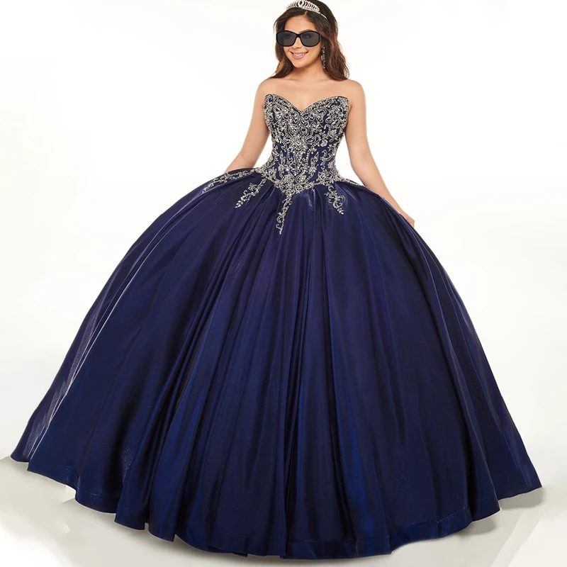 Vestido De fiesta De Organza azul marino para quinceañera, con cuentas brillantes, 15 años, 2021