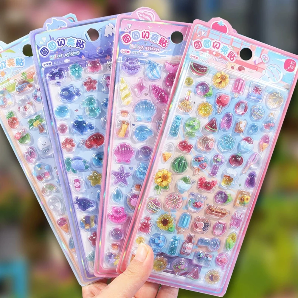 

4pcs Cute Summer Ocean Theme 3D Relief Stickers Kawaii Cartoon Pattern Bubble Decals Waterproof Decorative Notebook Phone Helmet