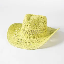 Sombrero de paja de vaquero verde Matcha, tejido a mano, hueco, sombrero de sol de verano para hombres y mujeres, sombrero vaquero occidental