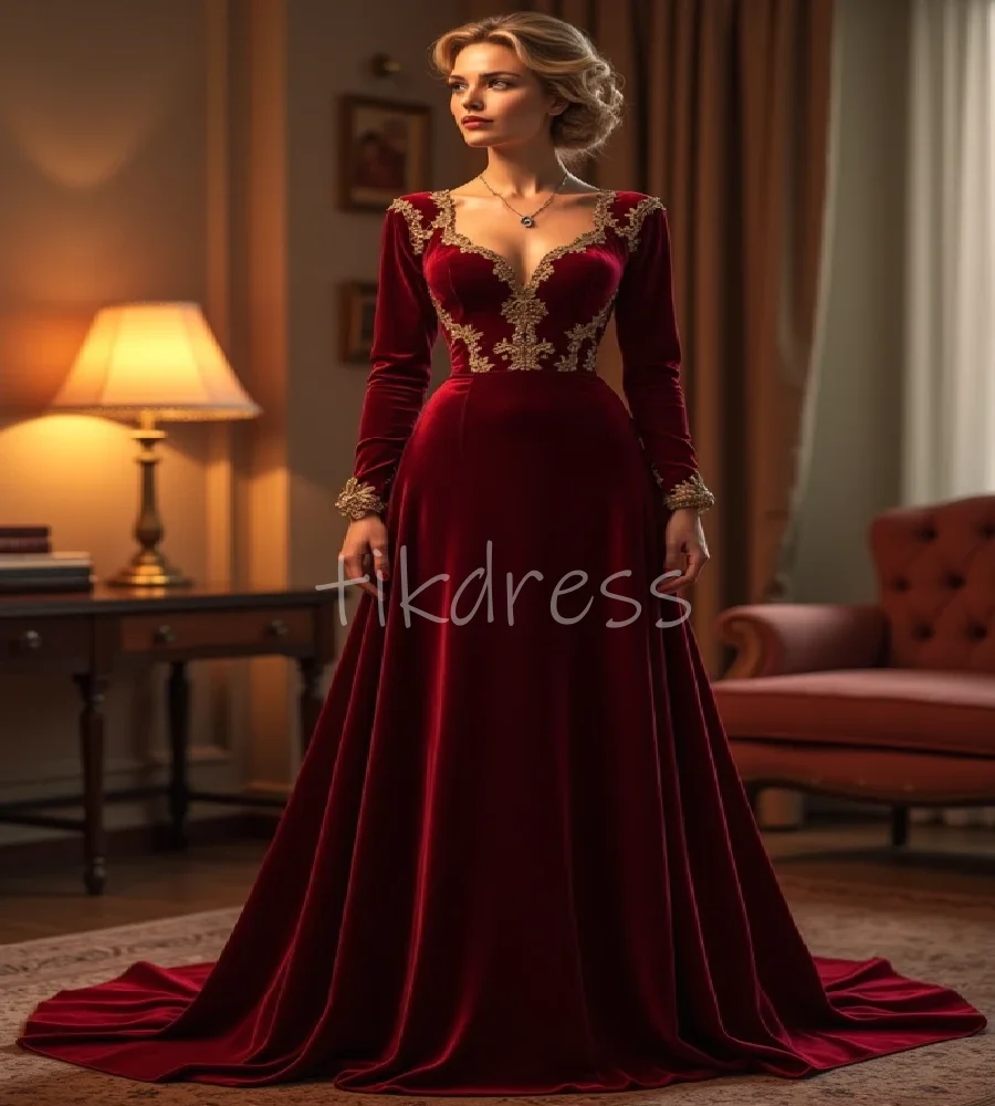 

Классическое красное бархатное платье для выпускного вечера с золотым кружевом и длинным рукавом, средневековое вечернее платье 18-го века, костюм для торжественных случаев по индивидуальному заказу