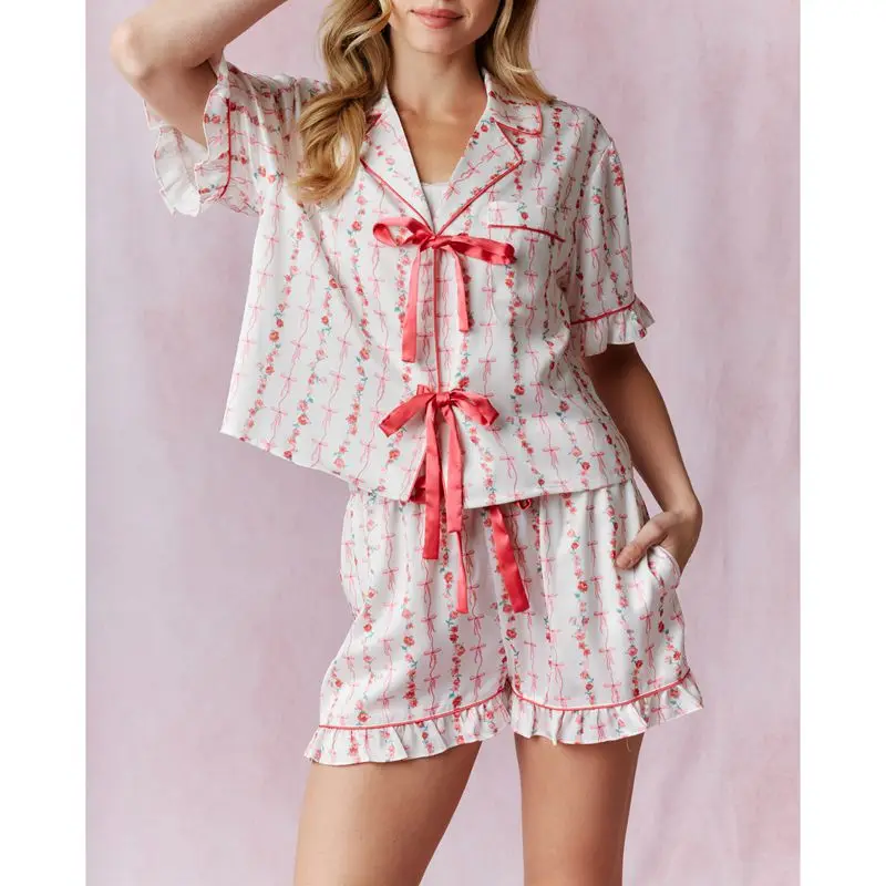 

HEZIOWYUN Women Summer 2Piece Floral Bow Print Loungewear Pjs Set Ruffle Trim Lapel Neck Bow Tied Shirt+ Drawstring Waist Shorts
