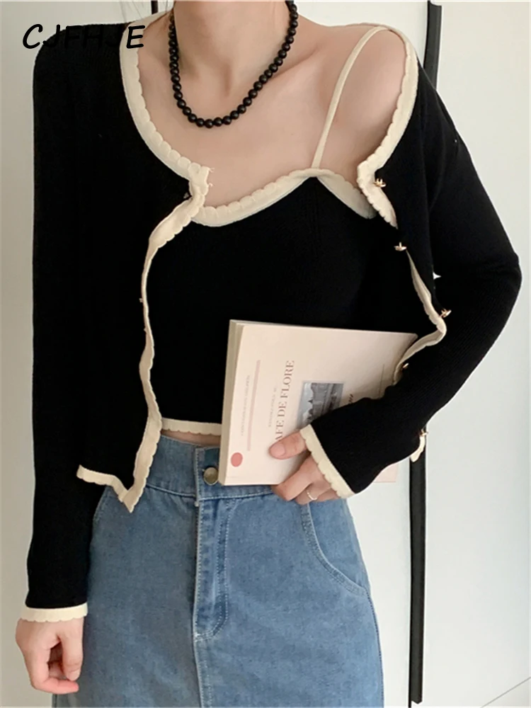 CJFHJE Sweet Korean Fashion Beige Two Piece Set Women Cardigan Black Vintage Spring Winter Knitted Cardigans Elegant Lady Tops