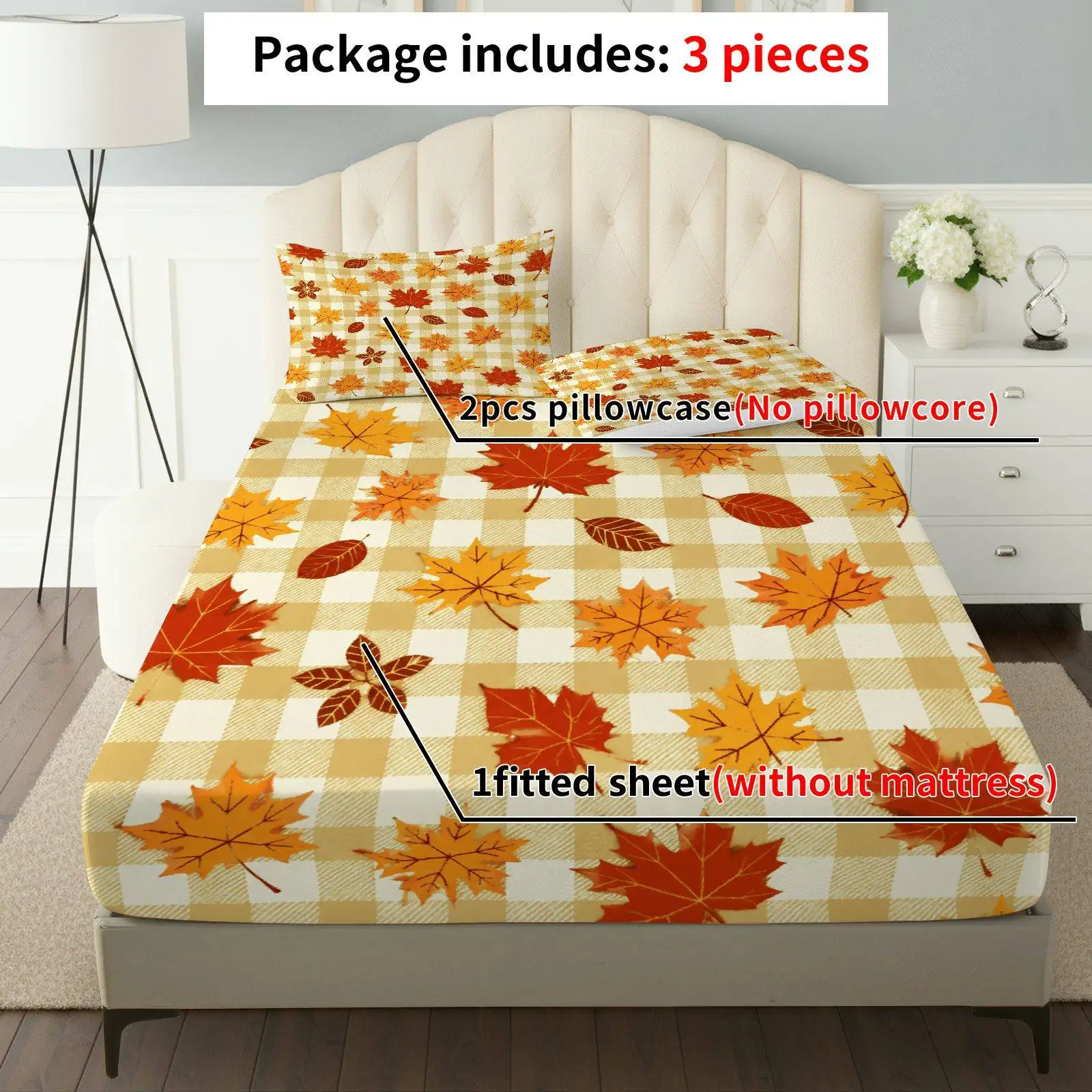 Autumn Leaves Theme Bedding Set Thanksgiving Theme Bedding Sets Full Mattress Protector Breathable Polyester Material (Includes 1 Fitted Sheet + 2 Pillowcases) Mattress Protector Fitted Elastic Style Protective Cover Mattress Protector, Fitted Bedding Set Christmas Theme Bedding Baby Bedding Suitable for Nursery Room