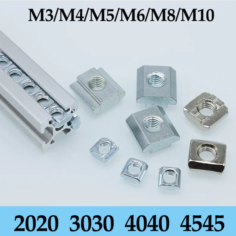 100x T Block Square Nut M3 M4 5-M8 T-shaped Slot Sliding Hammer Slider Nuts in for Connector Aluminum Profile Eu 2020 3030 40 45