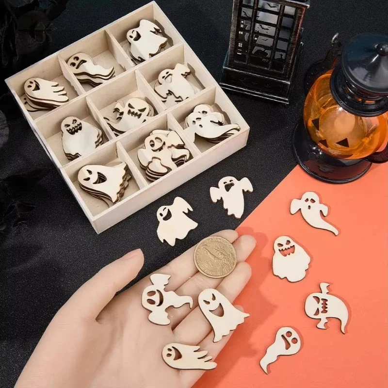 72-Piece Set of 9 Unique Styles of Natural Unfinished Wooden Ghost Cutouts for Halloween  Ideal for DIY Crafts, Party Decoration