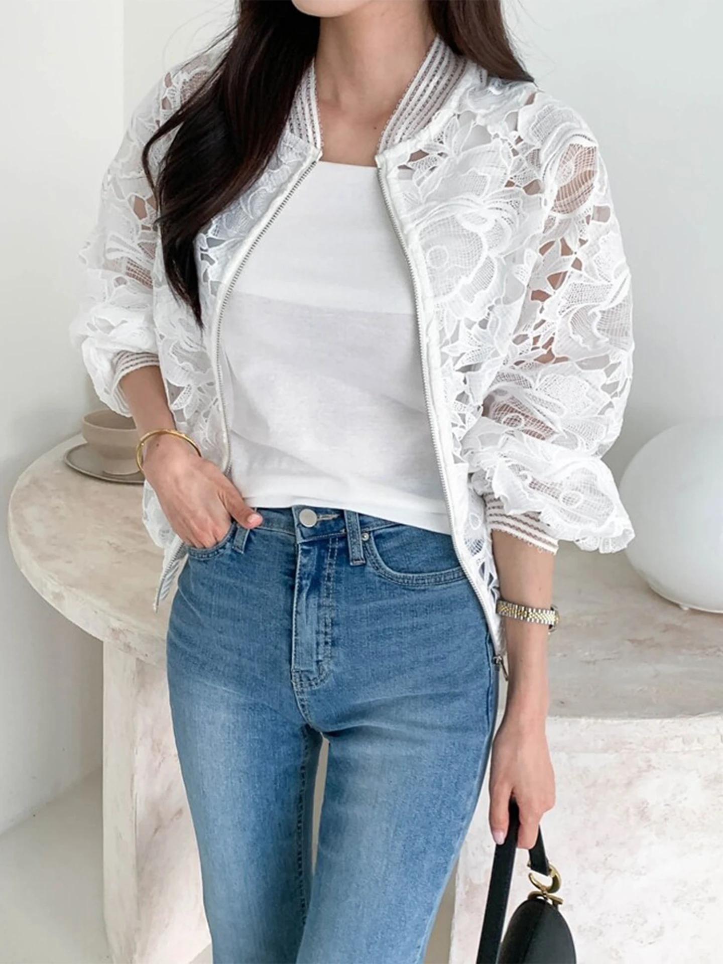 Elegant Autumn Short Outerwear Women's Loose Fit Lace Embroidery Heavy Work Hollow out Sleeve Bell Sleeve Zipper Closure