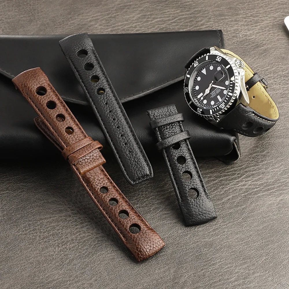 Rally Racing Leather Watch Strap 20mm Breathable Sport Watch Band Black Coffee Color Watch Band Men's Wristbelt Accessories