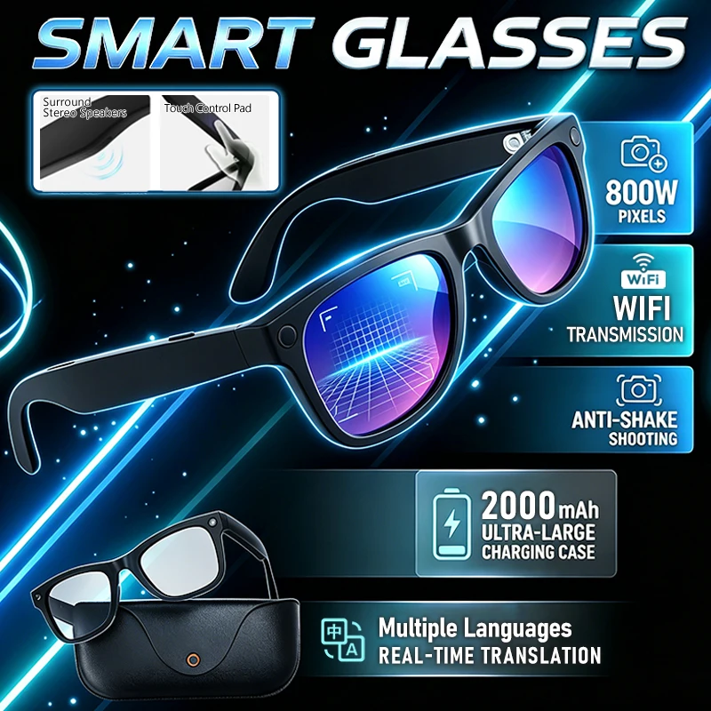 

Smart AI Glasses 8MP HD Camera Video Recording Voice Call with 2000mAh Charging Case Intelligent AI Translation Smart Glasses