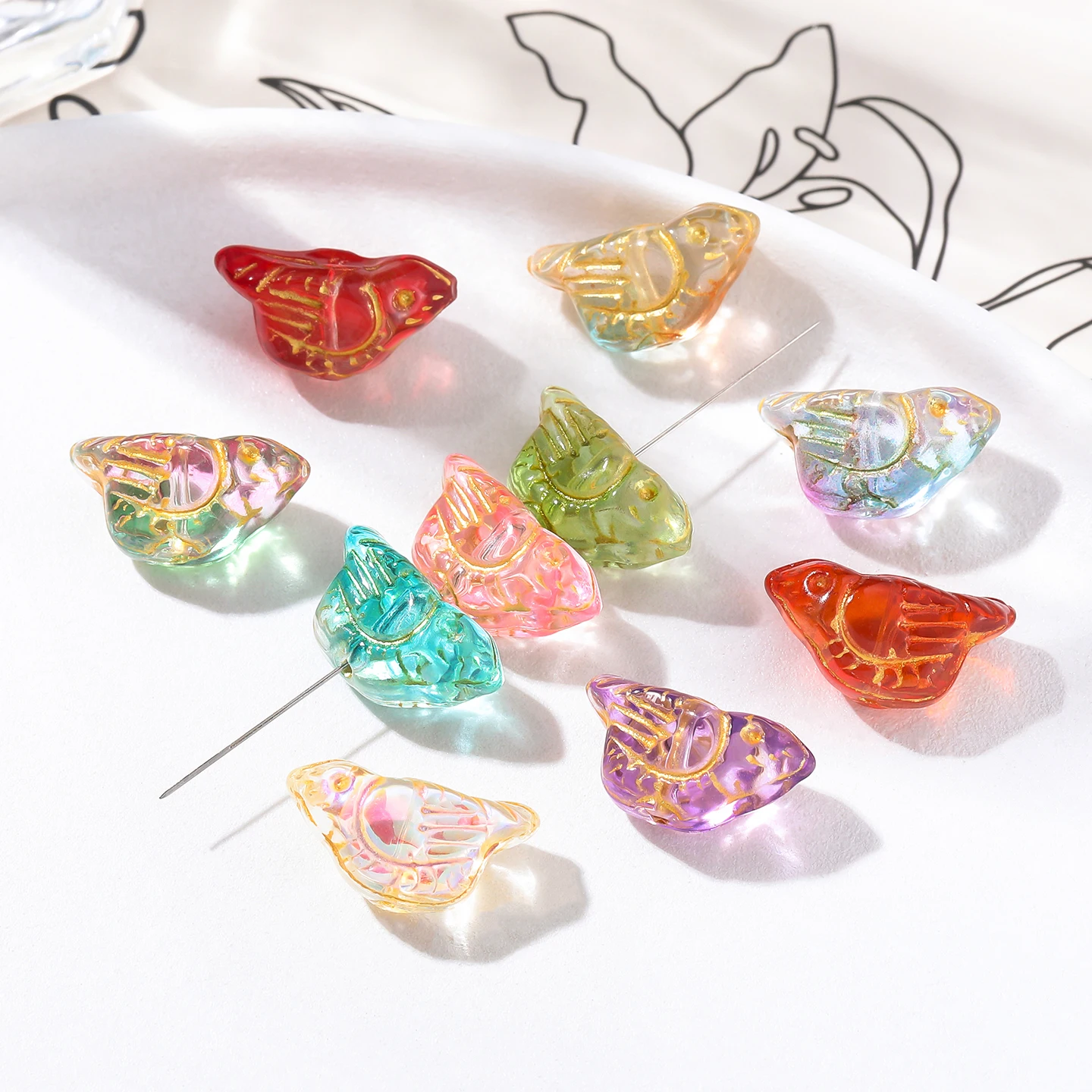 

5pcs 11.5*22mm Glass Colored Small Bird Shaped Beads with Golden Edge Spacer Beads for DIY Necklaces Jewelry Making Accessories