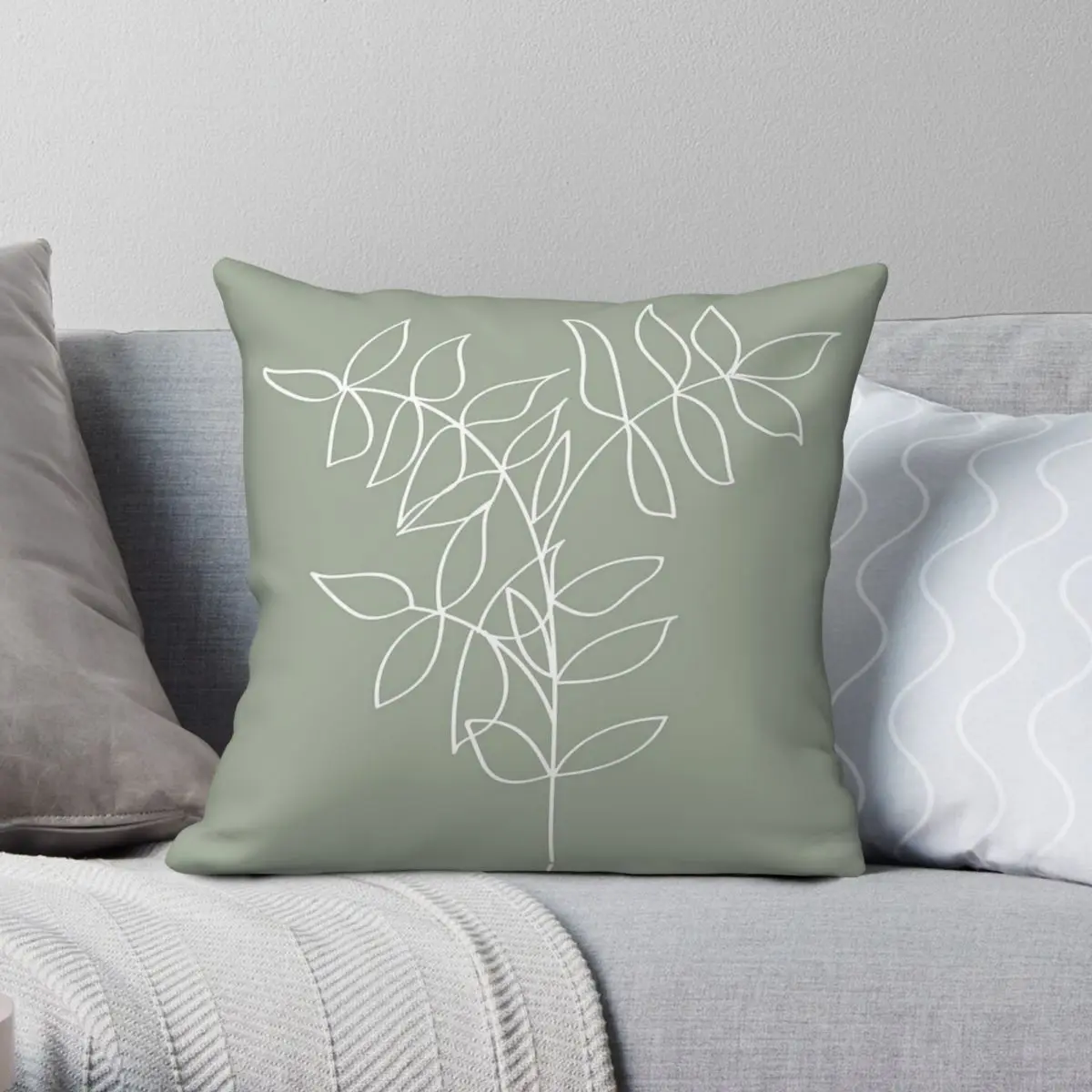 Sage Green Plant Line Art Square Pillowcase Polyester Linen Velvet Printed Zip Decor Throw Pillow Case Home Cushion Cover