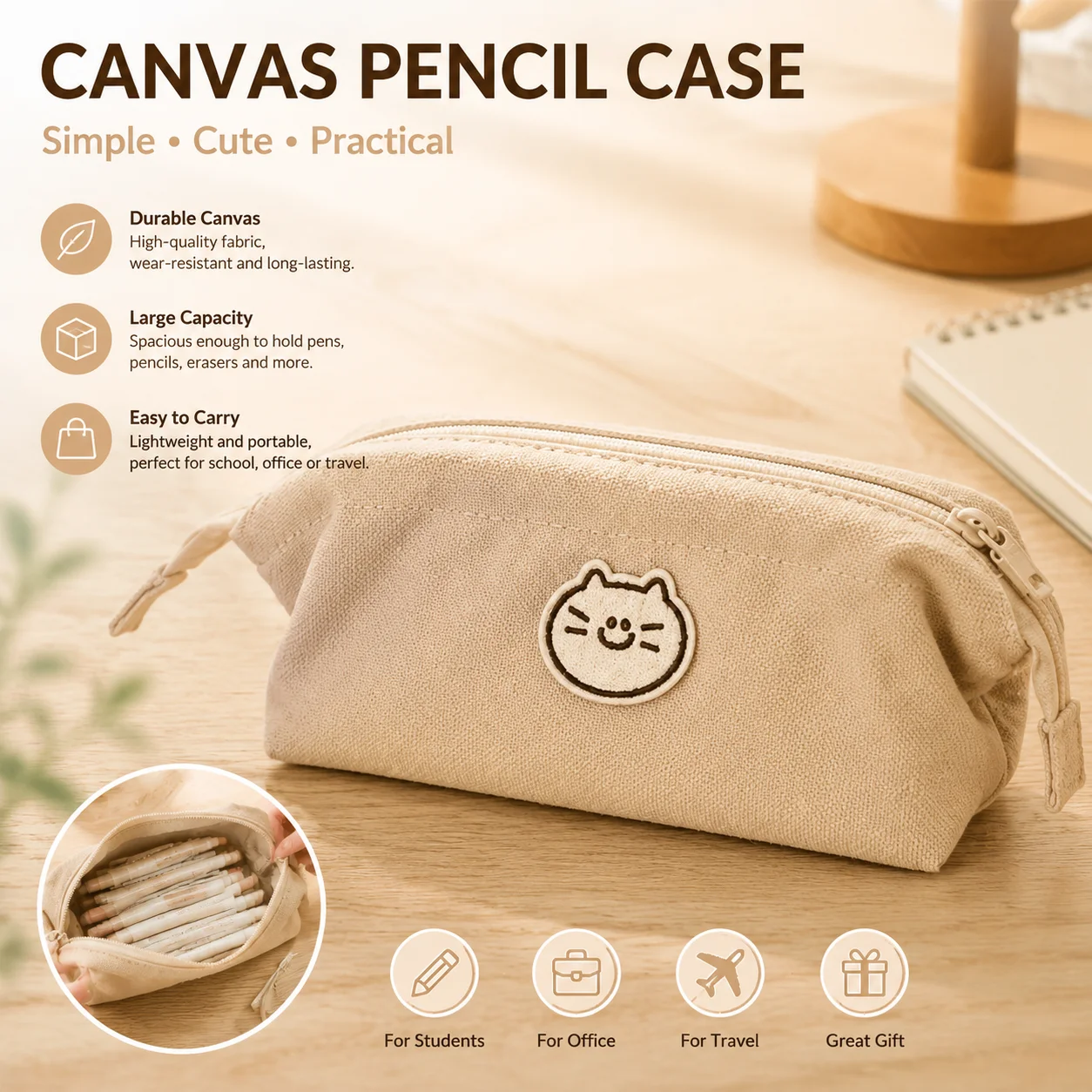 Estuche de Lápices de Lona con Bordado de Gato Adorable, Bolsa de Papelería Beige con Cierre para Estudiantes, Escuela y Oficina