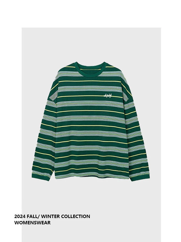 

Forever 21 American Retro Striped Long Sleeve T-Shirt Embroidered Loose Women's Top Commute Style Autumn Season Pear Body Type