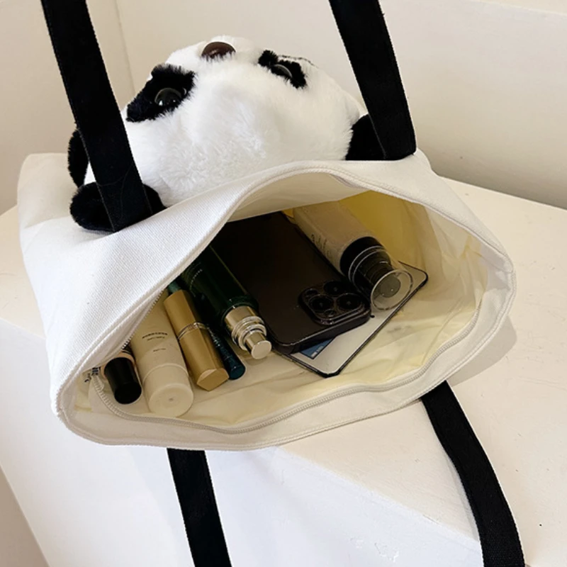 Panda Canvas Tas Schattige Cartoon Pop Schoudertas 2023 Splicing Stijl Grote Capaciteit Opbergtas Vrijetijdsreis Trend All-Match