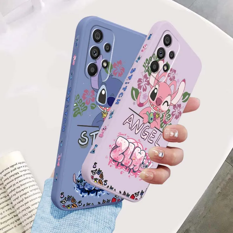 

Disney Angel Stitch Cartoon Cute For Samsung A71 A72 A73 A51 A52 A53 A54 A55 A21s A35 A34 A32 A03 5G Liquid Left Rope Phone Case