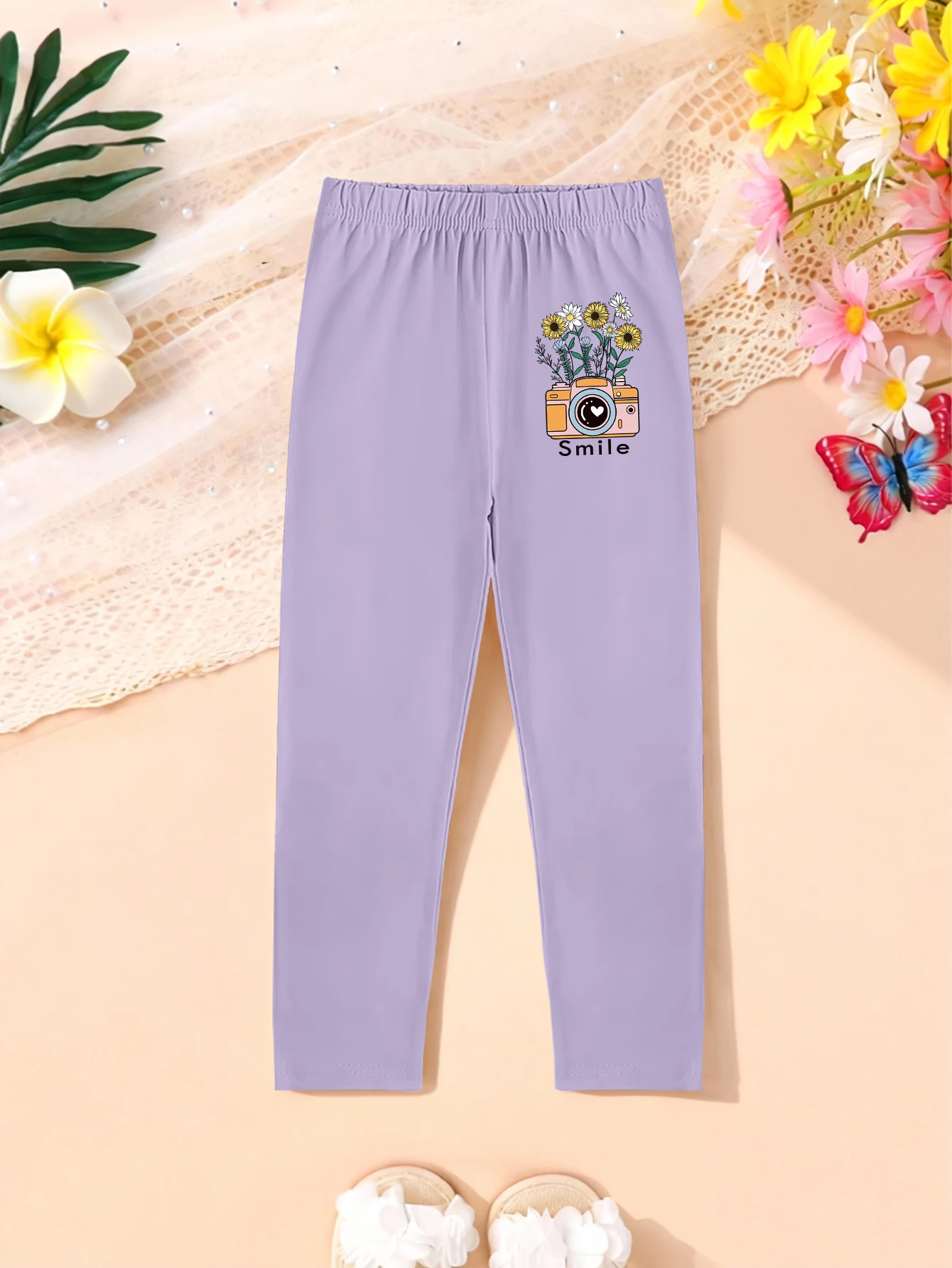 1 pieces: Cartoon Flower & Camera Print Girls' Sweet Leggings for Autumn