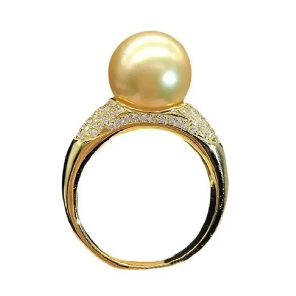 Pearl Ring 10-11mm Gorgeous AAAA Authentic Natural South China Sea Gold Round 925s Freeshippings Items