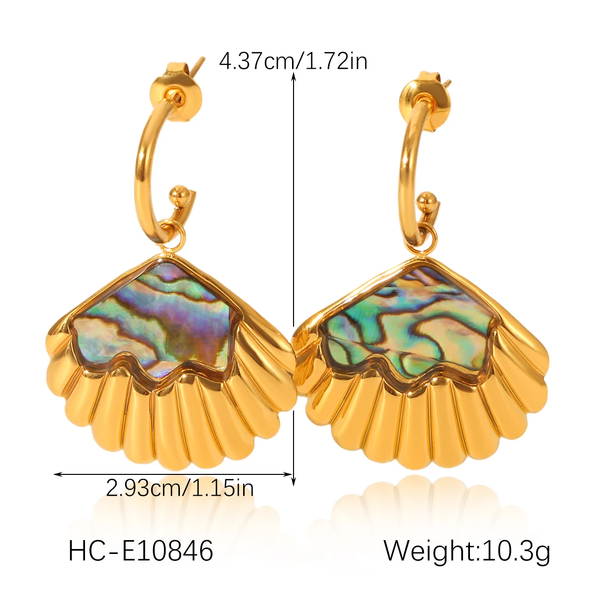 18K vergoldetes Abalone-Muschel-Schmuckset für Damen, Edelstahl-Muschel-Creolen, verstellbarer Ring, Sommer-Strandschmuck – Detail 3