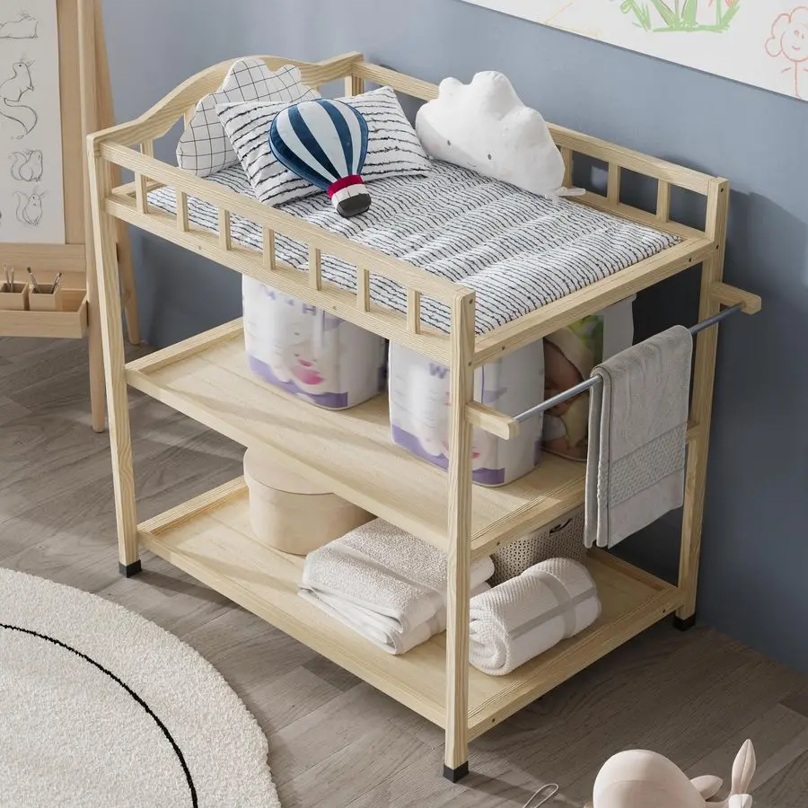 طاولة تغيير حفاضات الأطفال من خشب الصنوبر مع أرفف تخزين، محطة تغيير حفاضات الحضانة المحمولة للرضع، غرفة الأطفال، غرفة النوم #3