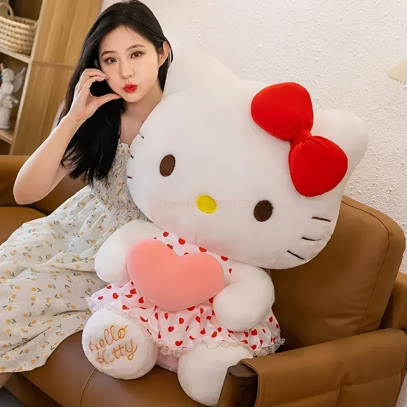 Sanrio-muñeco de peluche de Hello Kitty para decoración de habitación, vestido transparente de Anime de dibujos animados, juguete de felpa grande y