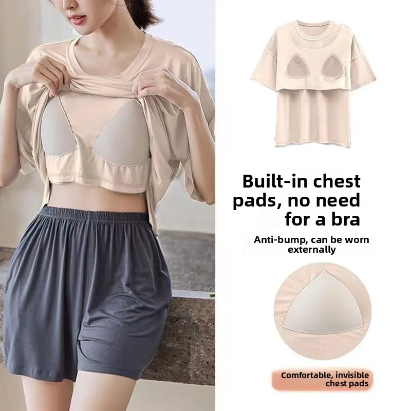 

Summer Thin Cotton Spwear Set Women's Casual Sports Chest Pad ort Sve Pure Color Home Clothes Ensemble round Ne