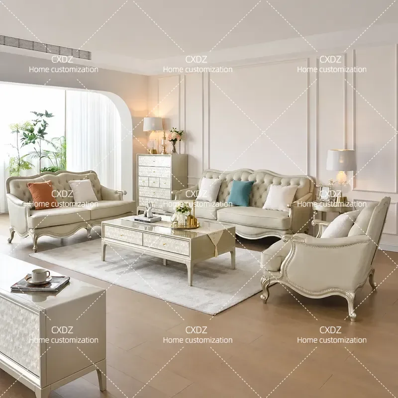 Luxury Leather Solid Wood Sofa Carved High End Living Room Furniture for Villa 2026 New