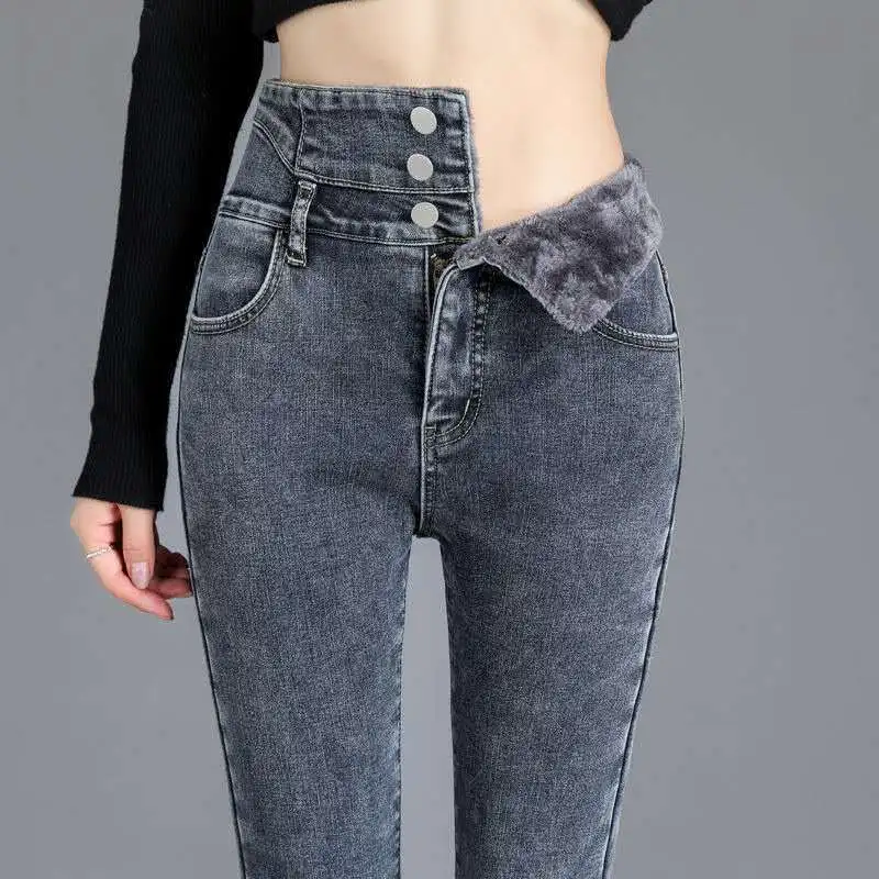 

Winter High-Rise Jeans for Women Slim Fit Stretch Fleece-Lined Skinny Pants Thick Velvet Ladies Casual Denim Pencil Pants Black