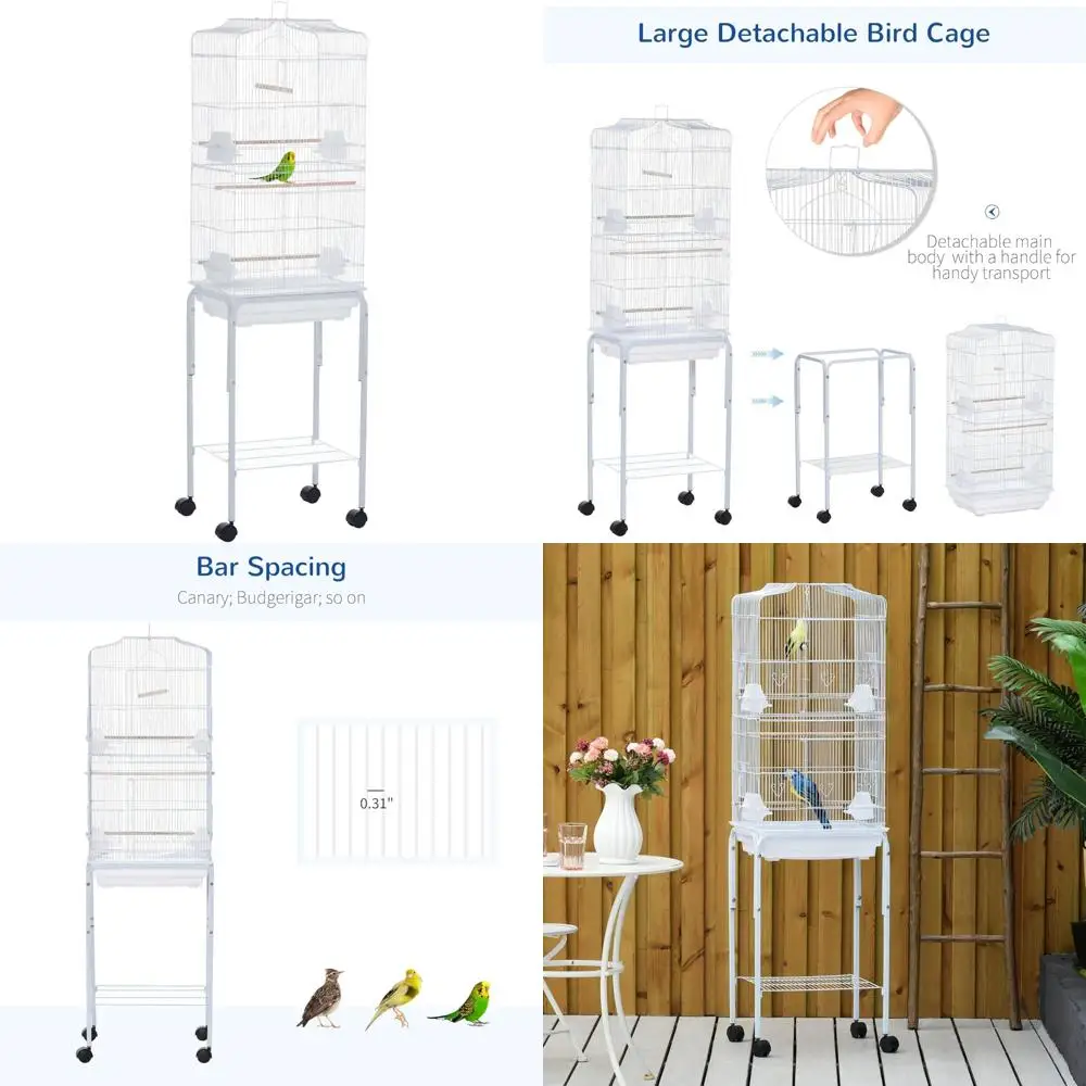 

Indoor Metal Bird Cage Kit with Rolling Stand, Storage Basket, and Accessories, White, 60-inch Large Starter