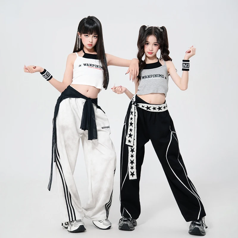 힙합 K-pop 자르기 탑 카고 바지 어린이 스트리트 댄스 복장 어린이 streetwear 의상 소녀 그룹 재즈 의류 세트 xh2645