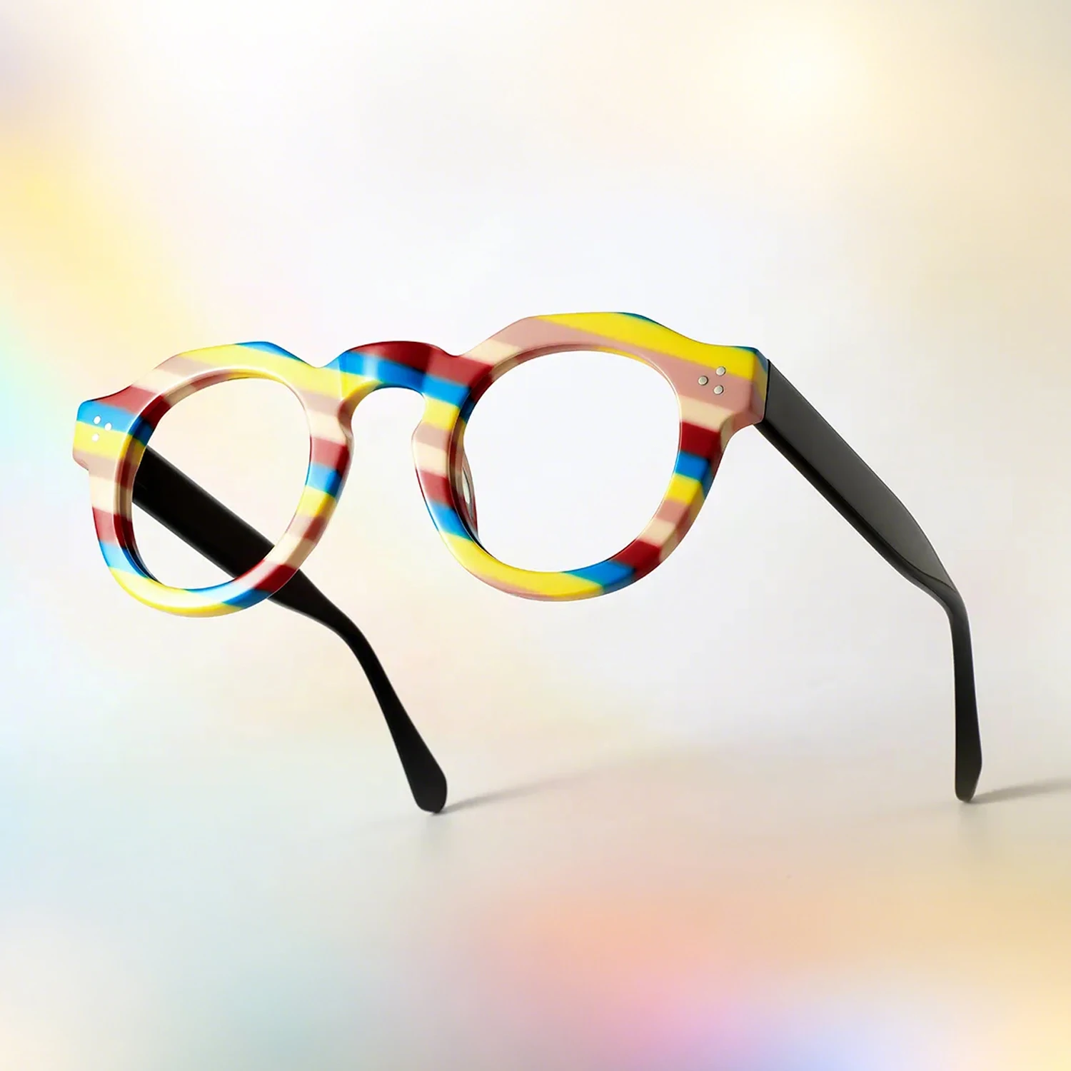 FYTOO Playful Color-Striped Round Eyeglasses Durable Acetate, Rich Mixed Colors, Fun Luxury Look, Essential for Style Icons