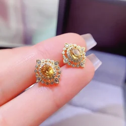 FS S925 Sterling Silver Inlay 4*5mm Natural Citrine Earrings With Certificate Fine Charm Wedding Jewelry for Women MeiBaPJ