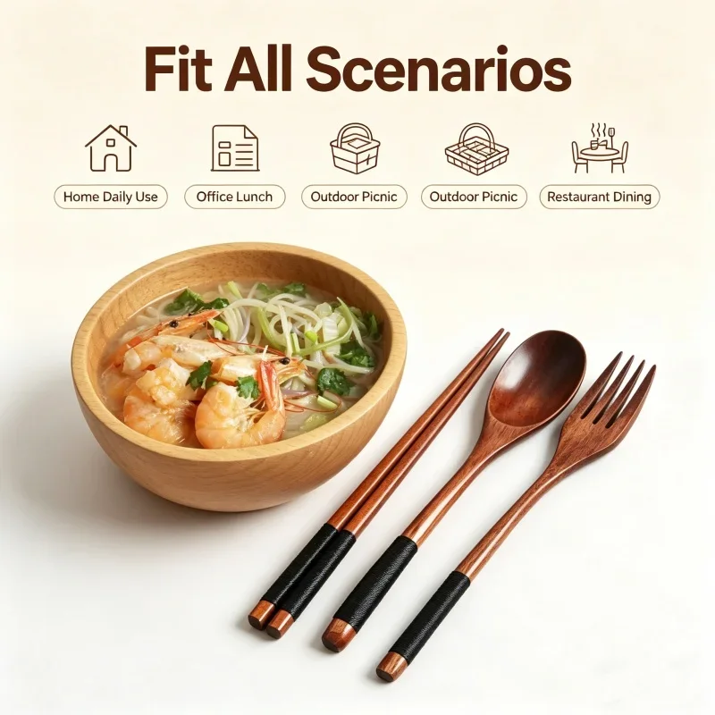 3 PCS Solid Wood Utensil Set  Portable Spoon Fork Chopsticks with Tangled Thread Heat Insulated Reusable Camping Tableware