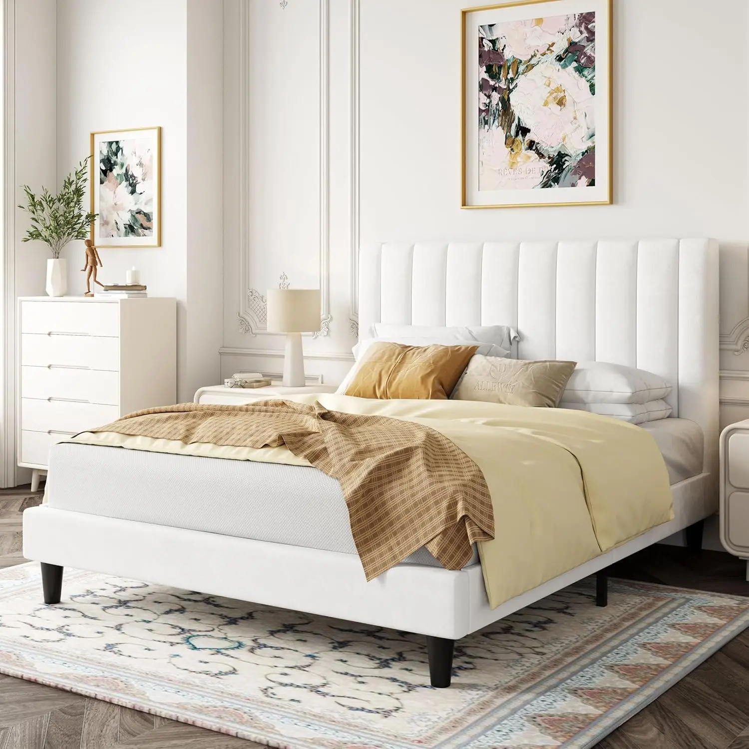 Queen Bed Frame/Velvet Upholstered Bed Frame with Vertical Channel Tufted Headboard/Strong Wooden Slats/Platform Bed