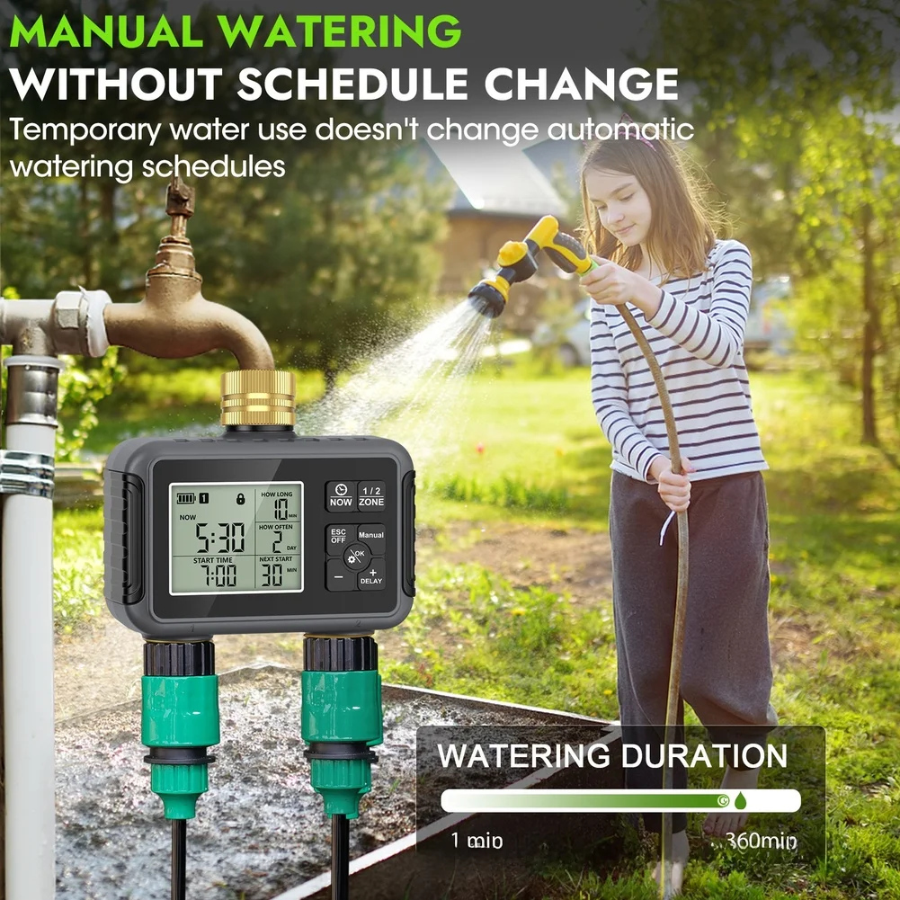 

Smart Garden Watering Controller Featuring Dual Outlets Rain Delay 1-15 Days Low Battery at 2.5V and Child Lock for Safety