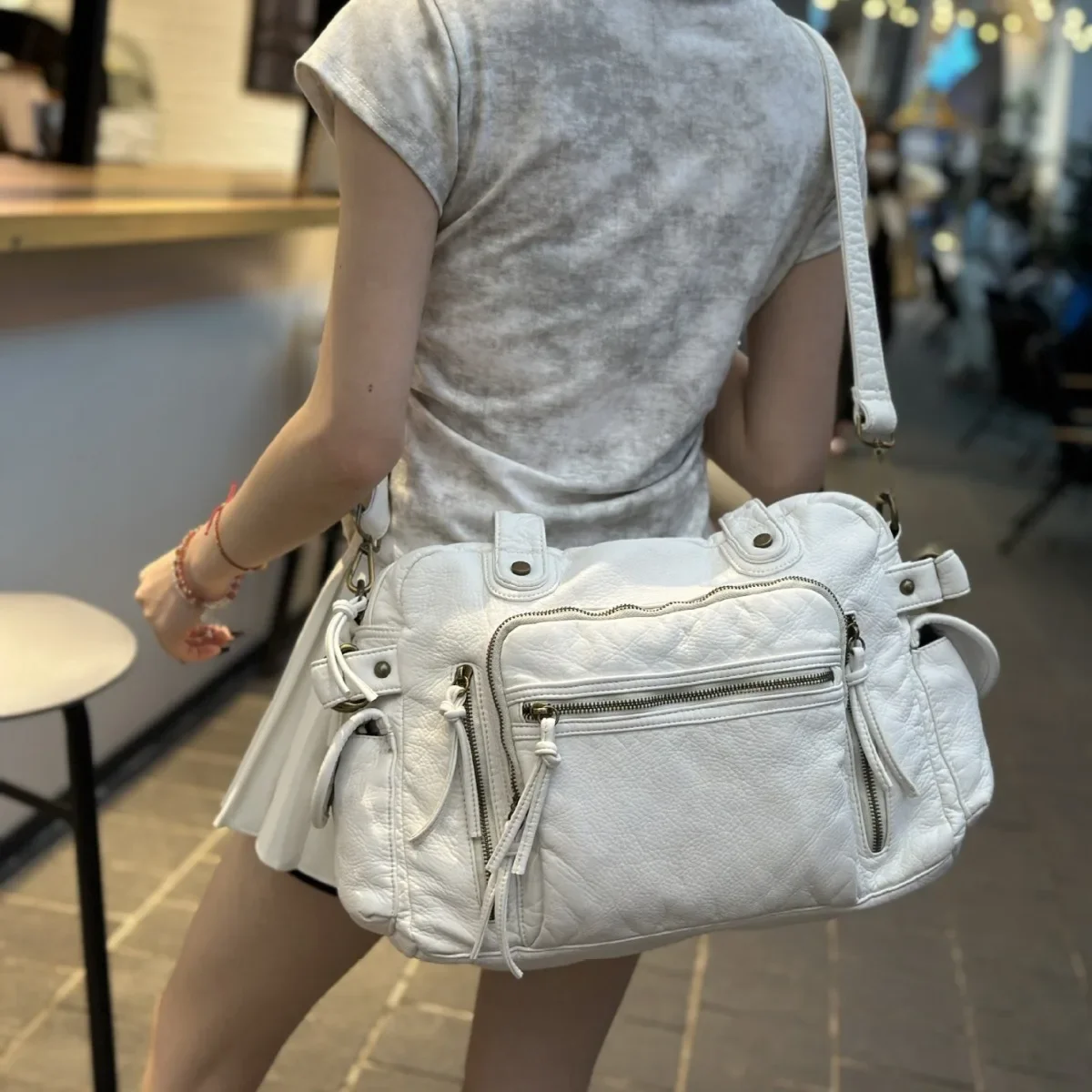 Women's fashion retro old motorcycle bag large capacity washed Y2K hot girl shoulder messenger bag