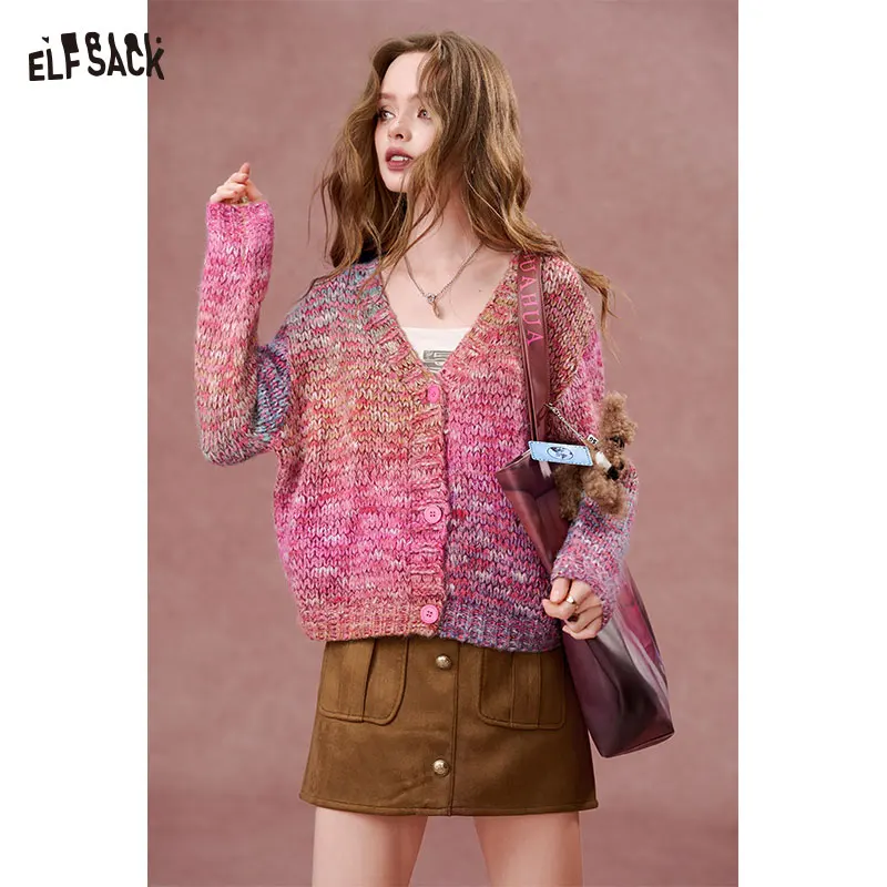 

ELFSACK 2024 Autumn New Arrivals Gradient color V-neck sweater cardigan for women, sweet and cool style versatile short knitted