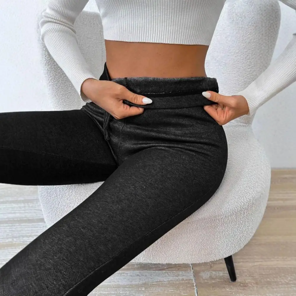 Women Pencil Pants Imitation Jeans High Waist Thickened Velvet Lined Warm Leggings Tight Fit Pants with Pockets Женские леггинсы