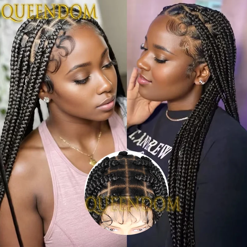 Wig dewi kepang sintetis 36 inci kotak Jumbo renda penuh Wig tertekan untuk WANITA HITAM tanpa simpul Wig kepang Cornrow