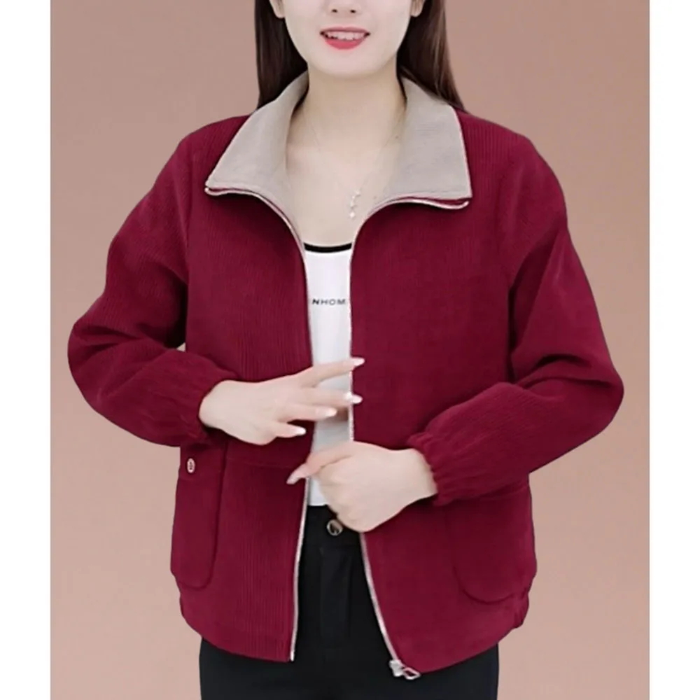 Women\'s Corduroy Short Jacket Autumn Winter New Plush Thicken Warm Coats Middle-aged MotherCasual Zipper Outwear Wild Tops 5XL