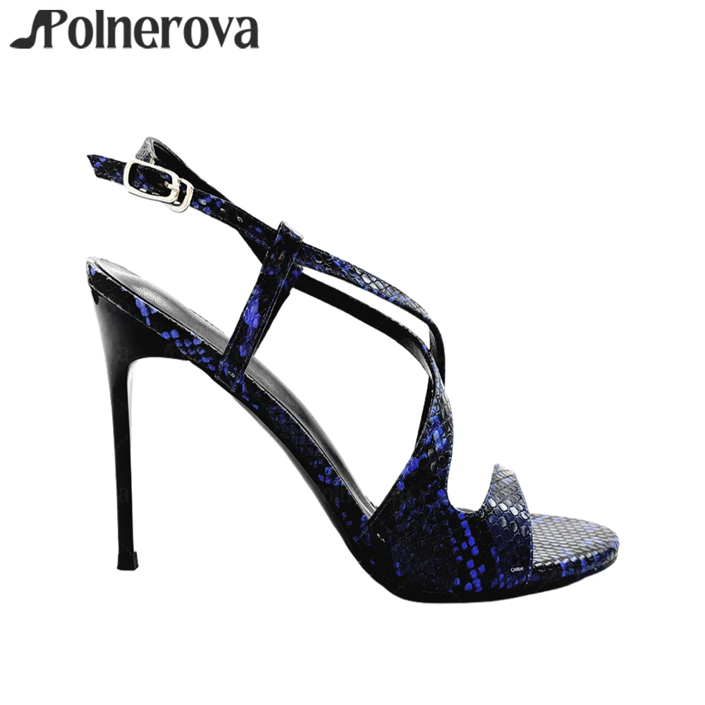 16 cm Extreme Stiletto Sandalen Schlangenmuster Peep Toe Sexy High Heels Lackabsatz Mehrfarbige Knöchelschnalle High Heels Damen Sandalen